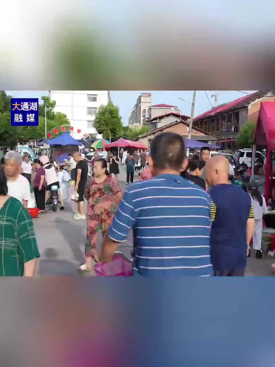 摊贩摆摊、市民购物、城管维序，大通湖区大湖便民早市充满烟火气