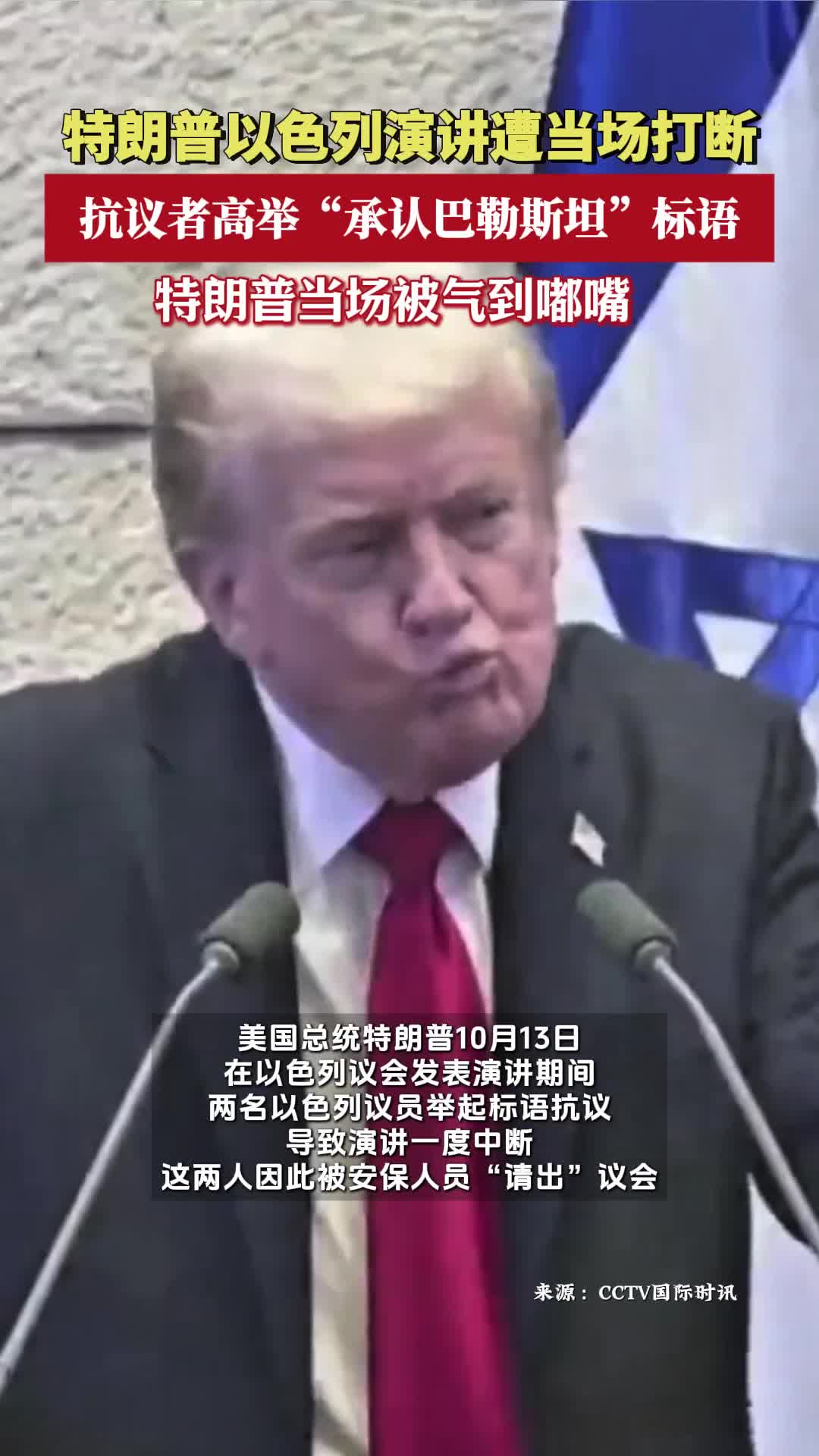 抗议者高举“承认巴勒斯坦”标语 特朗普气到嘟嘴