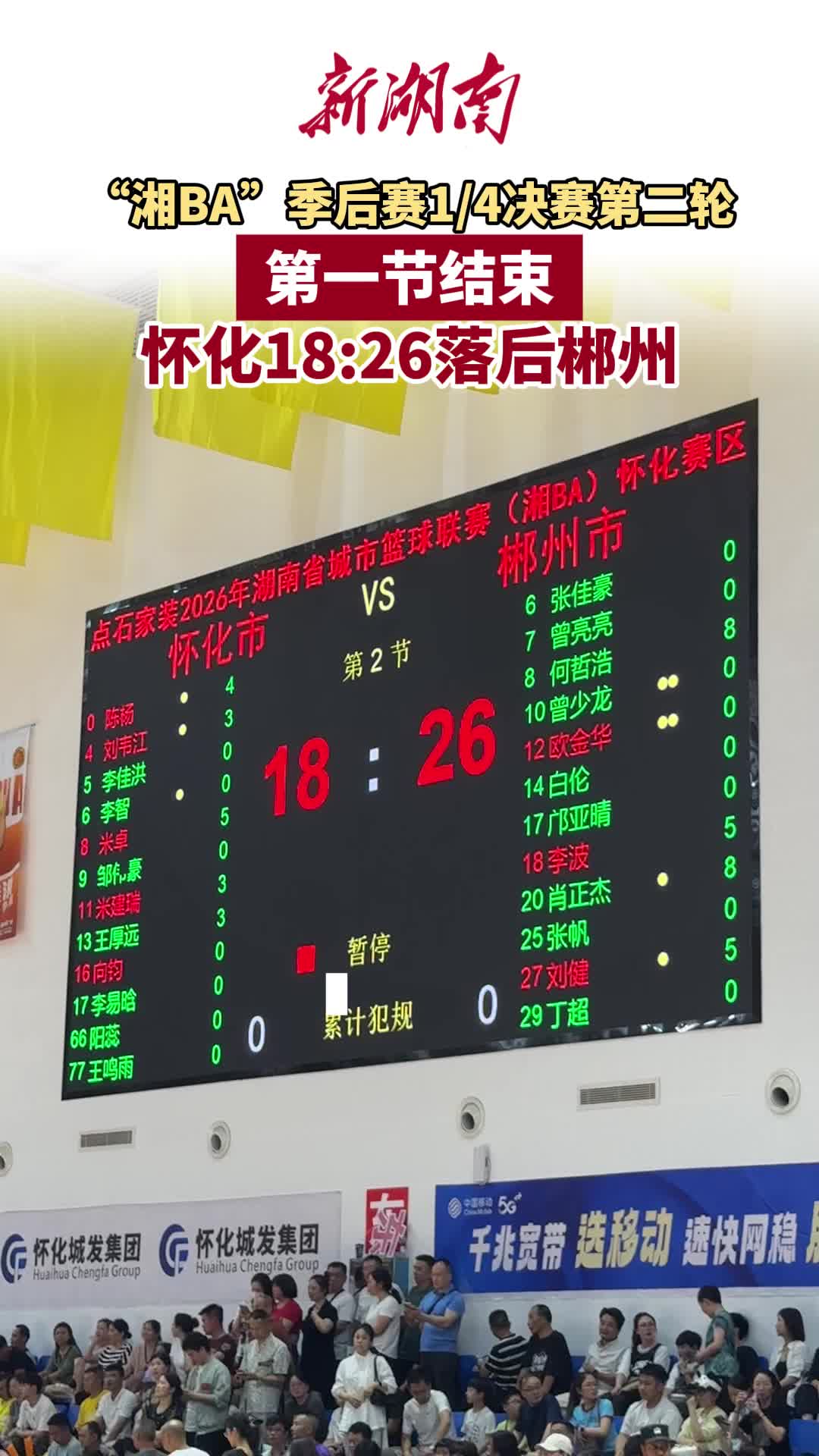 “湘BA”季后赛·怀化VS郴州②∣第一节结束 怀化18:26落后郴州