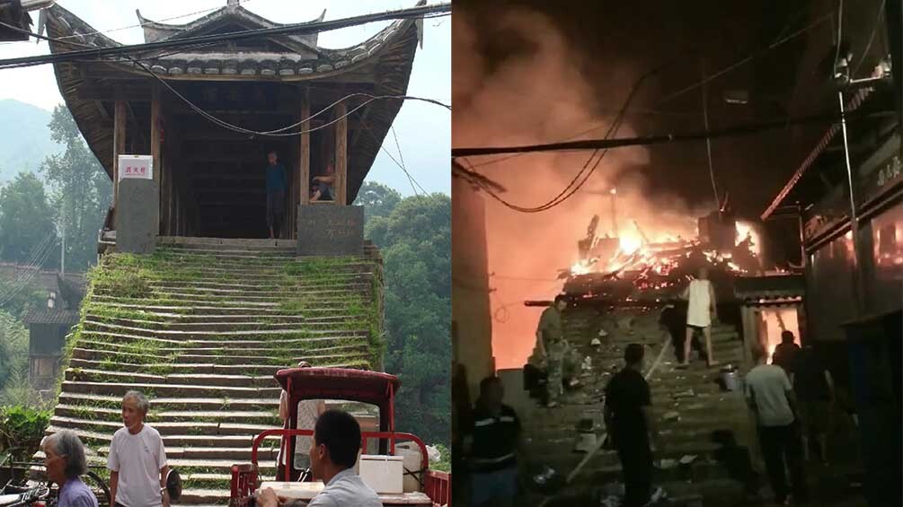 900岁木拱廊桥消失在昨夜大火中，当地居民落泪不舍