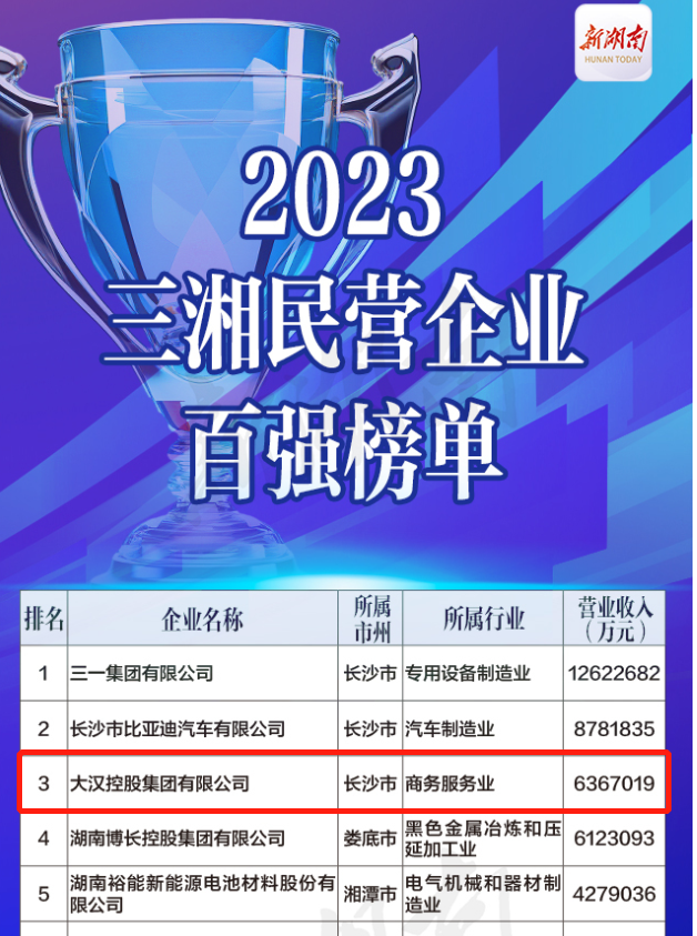 大汉集团荣列2023三湘民营企业百强榜单第3位