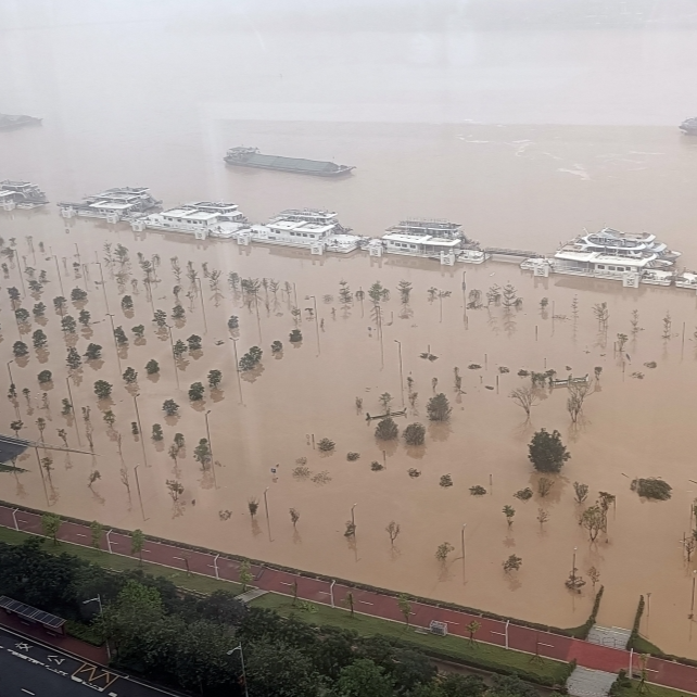 强降雨致粤多地内涝 珠江流域北江沿江树木道路被淹
