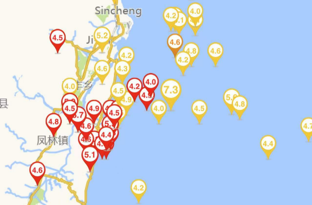 台湾花莲连发4级及以上地震26次 均为7.3级地震余震
