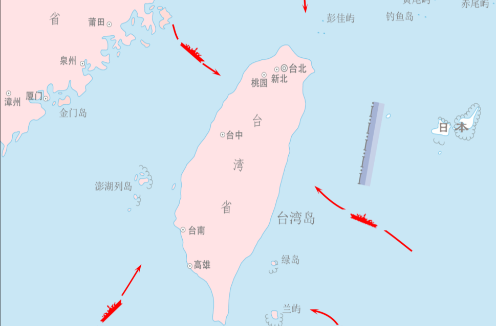 东部战区发布舰艇编队多方向抵近台岛战巡演练态势图